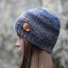 HAT knitted beanie, blue mix with brown winter chunky hat with button, womens gi