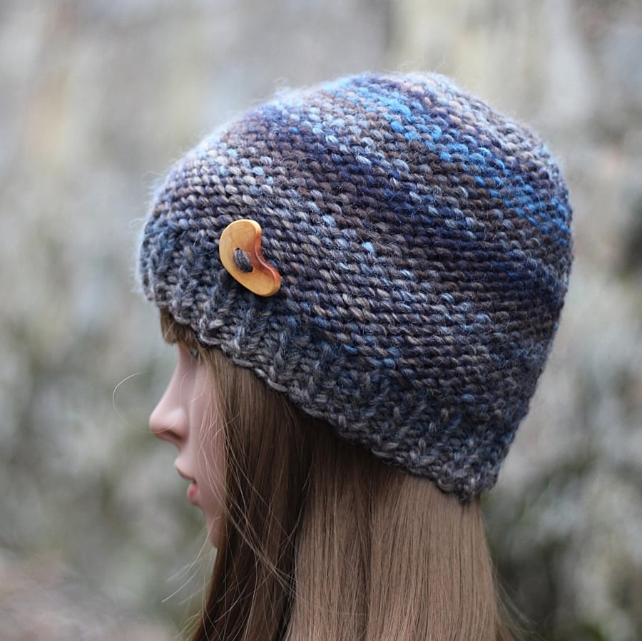 HAT knitted beanie, blue mix with brown winter chunky hat with button, womens gi