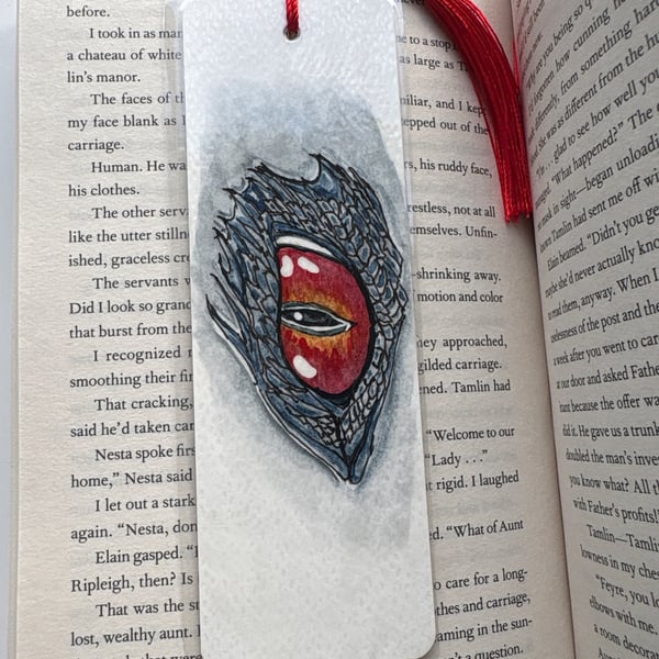 Hand painted watercolour dragons eye bookmark with red Tassel