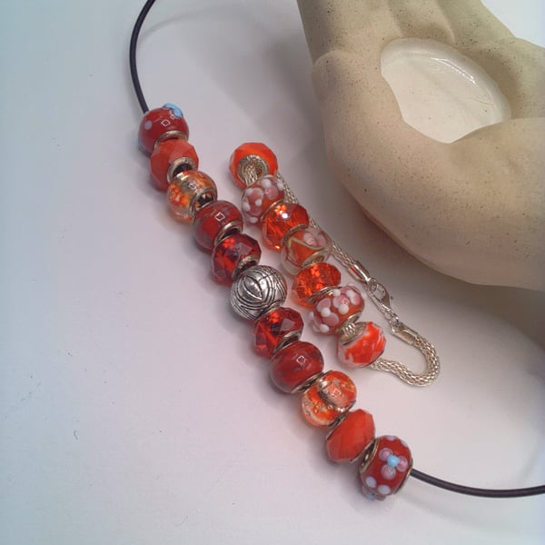 Lampwork Bead and Silver Spacer Bead Necklace and Bracelet Set, Gift for Her 