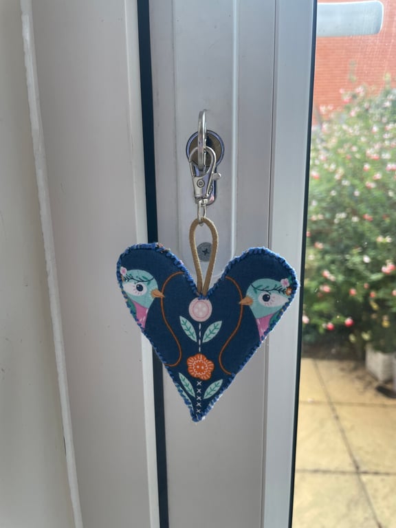 Fabric Heart Keyring with Bird & Sewing Motifs