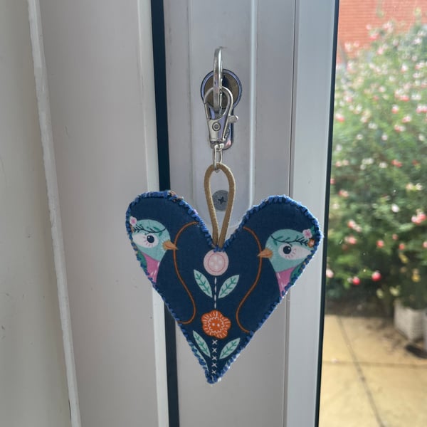 Fabric Heart Keyring with Bird & Sewing Motifs