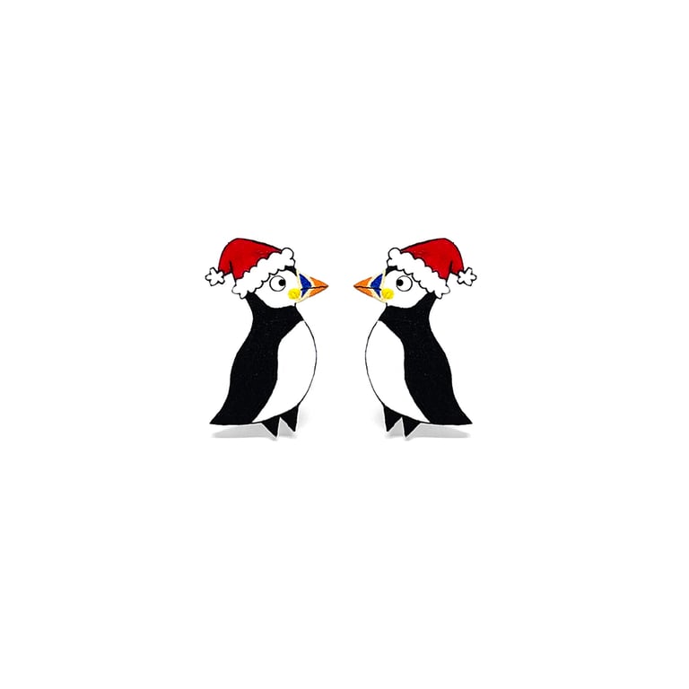 Christmas Puffin Stud Earrings - Handmade