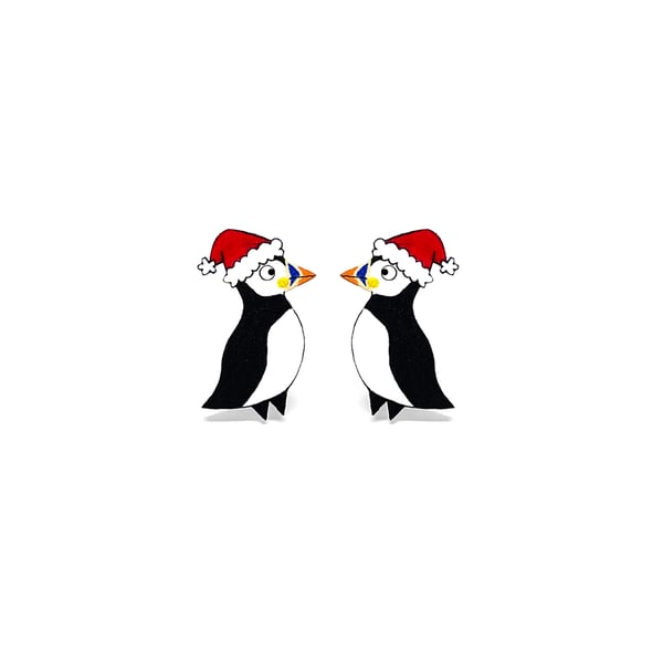 Christmas Puffin Stud Earrings - Handmade