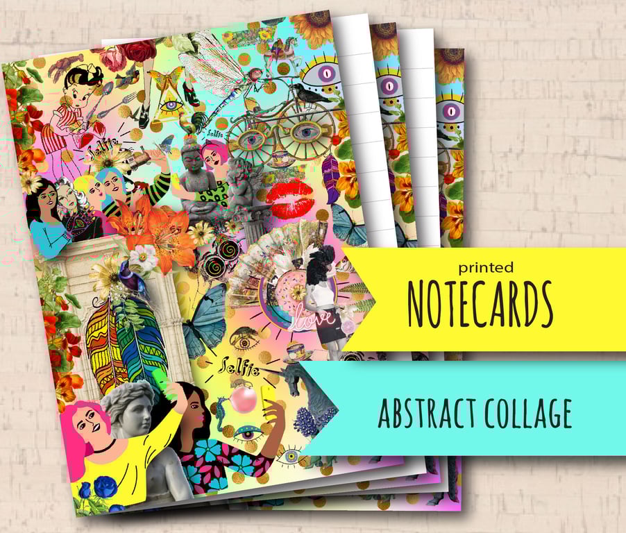10 Notecards Abstract Collage, patterned note cards, colourful stationery