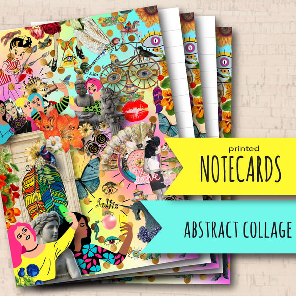 10 Notecards Abstract Collage, patterned note cards, colourful stationery