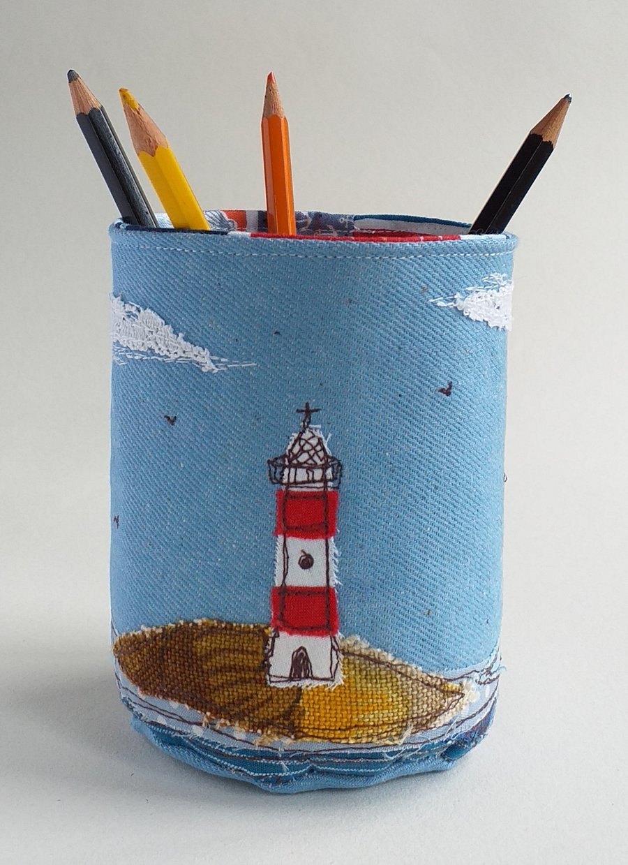 Fabric Pencil Pot with Embroidered Lighthouse