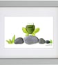 Happy Frog - Pebble Art & Sea Glass Picture - Framed Handmade Wall Decor