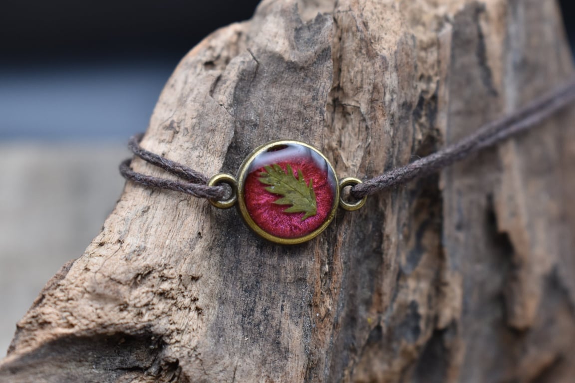 Adjustable Resin Bracelet with Pressed Silverweed Leaf, Red, Waxed Cotton Cord