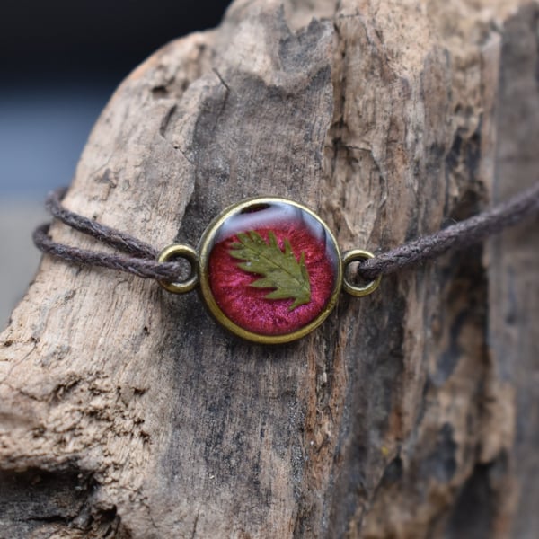 Adjustable Resin Bracelet with Pressed Silverweed Leaf, Red, Waxed Cotton Cord