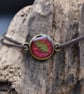 Adjustable Resin Bracelet with Pressed Silverweed Leaf, Red, Waxed Cotton Cord