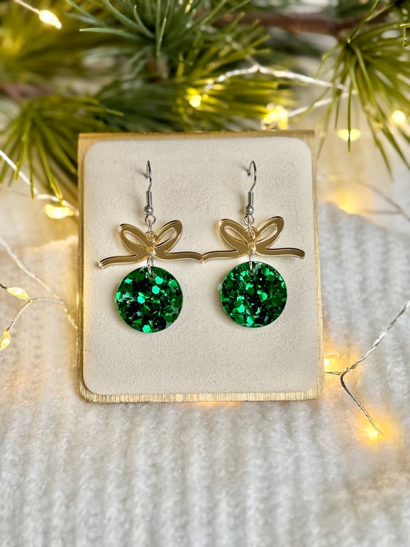 Bauble Earrings - Green & Gold Acrylic 