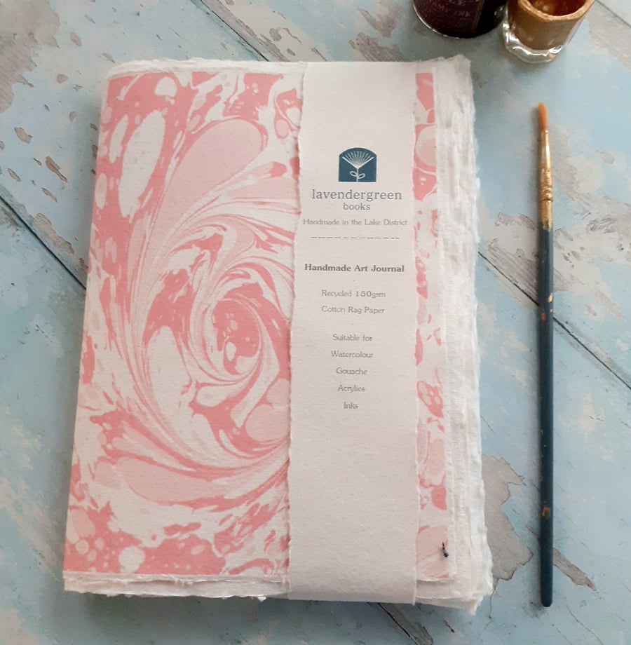 Artists Watercolor Sketchbook A5 or A6 Handmade Art Journal. Pink Marble Design