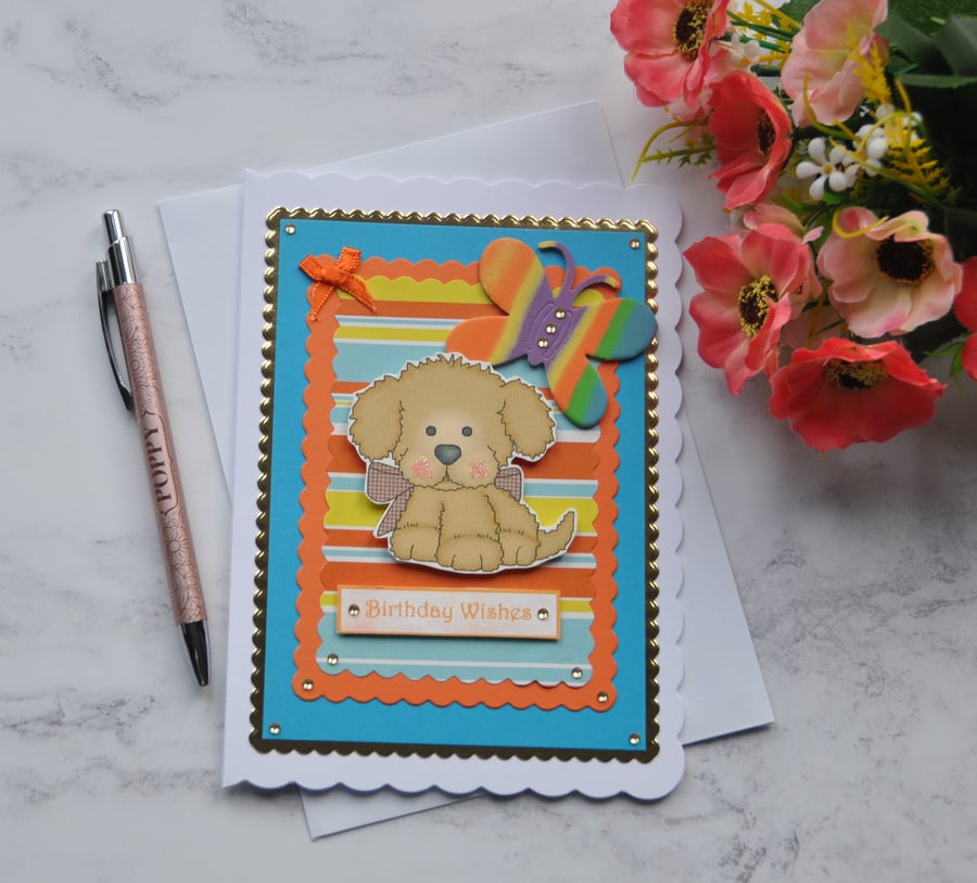 Dog Card Birthday Wishes Brown Puppy Dog Rainbow Butterfly Blue