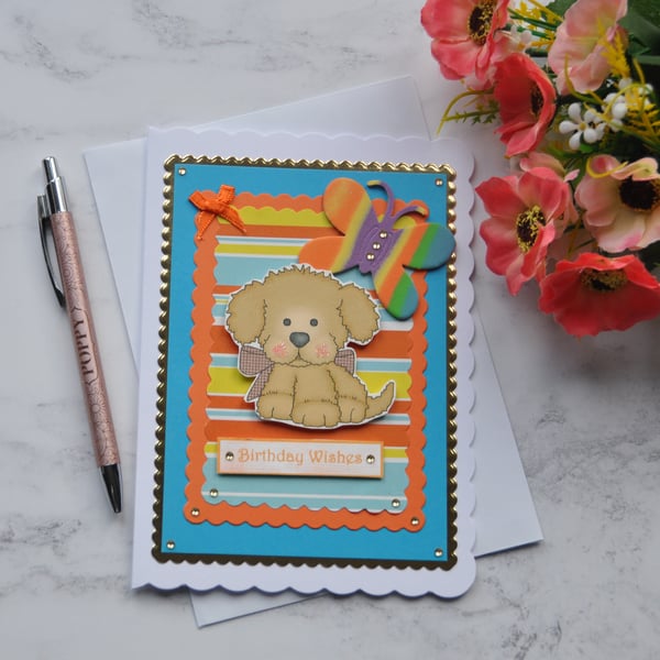 Dog Card Birthday Wishes Brown Puppy Dog Rainbow Butterfly Blue