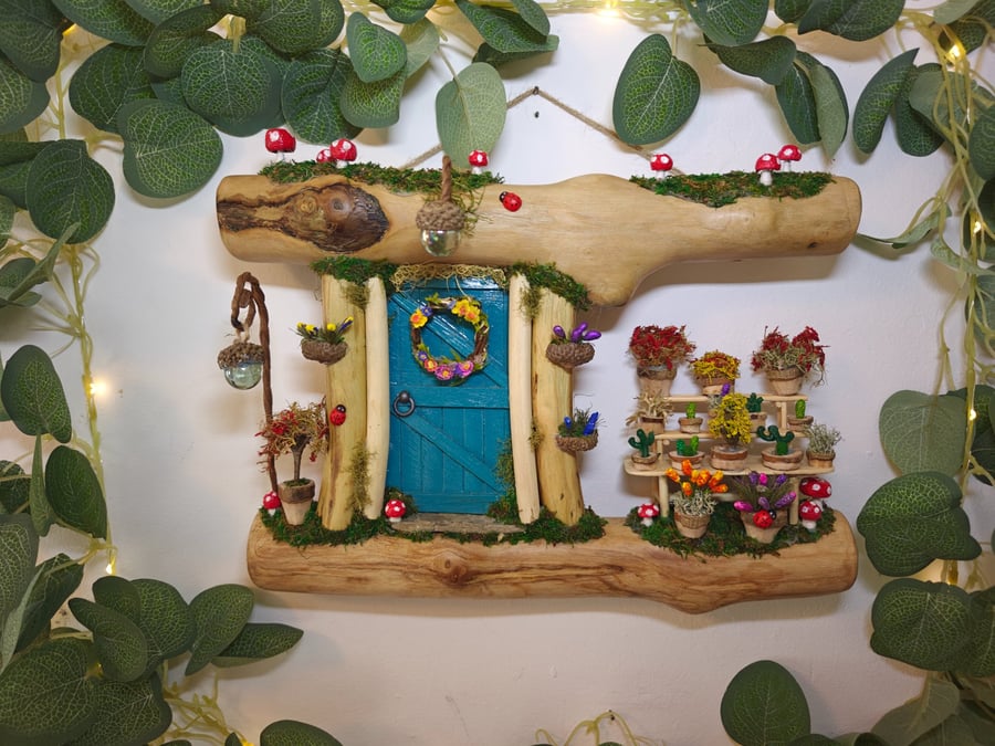 Handmade Dartmoor wood Fairy Door & Garden. Summer Woodland Magic