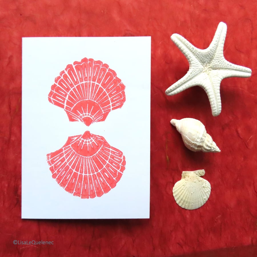 Hand printed scallop sea shell in coral pink blank artist art card