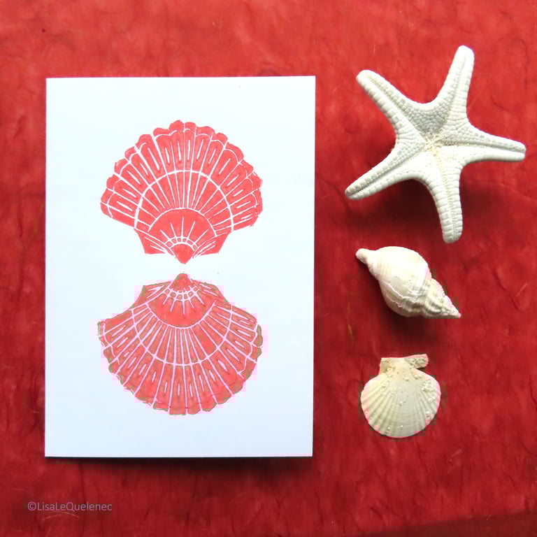 Hand printed scallop sea shell in coral pink blank artist art card