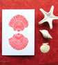 Hand printed scallop sea shell in coral pink blank artist art card