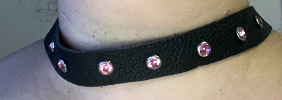 Black Leather Choker with 7 Pink Gemstones (custom sized 16"-18")