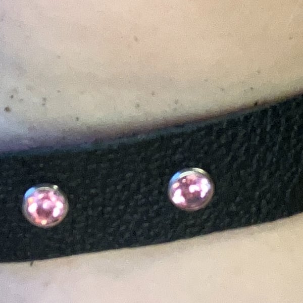 Black Leather Choker with 7 Pink Gemstones (custom sized 16"-18")