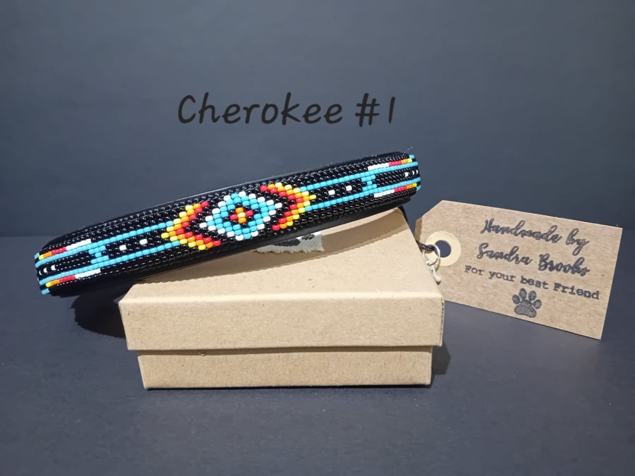 Bespoke Handmade Hand Beaded Leather Unique 14-17" Dog Collar.Cherokee (1) 