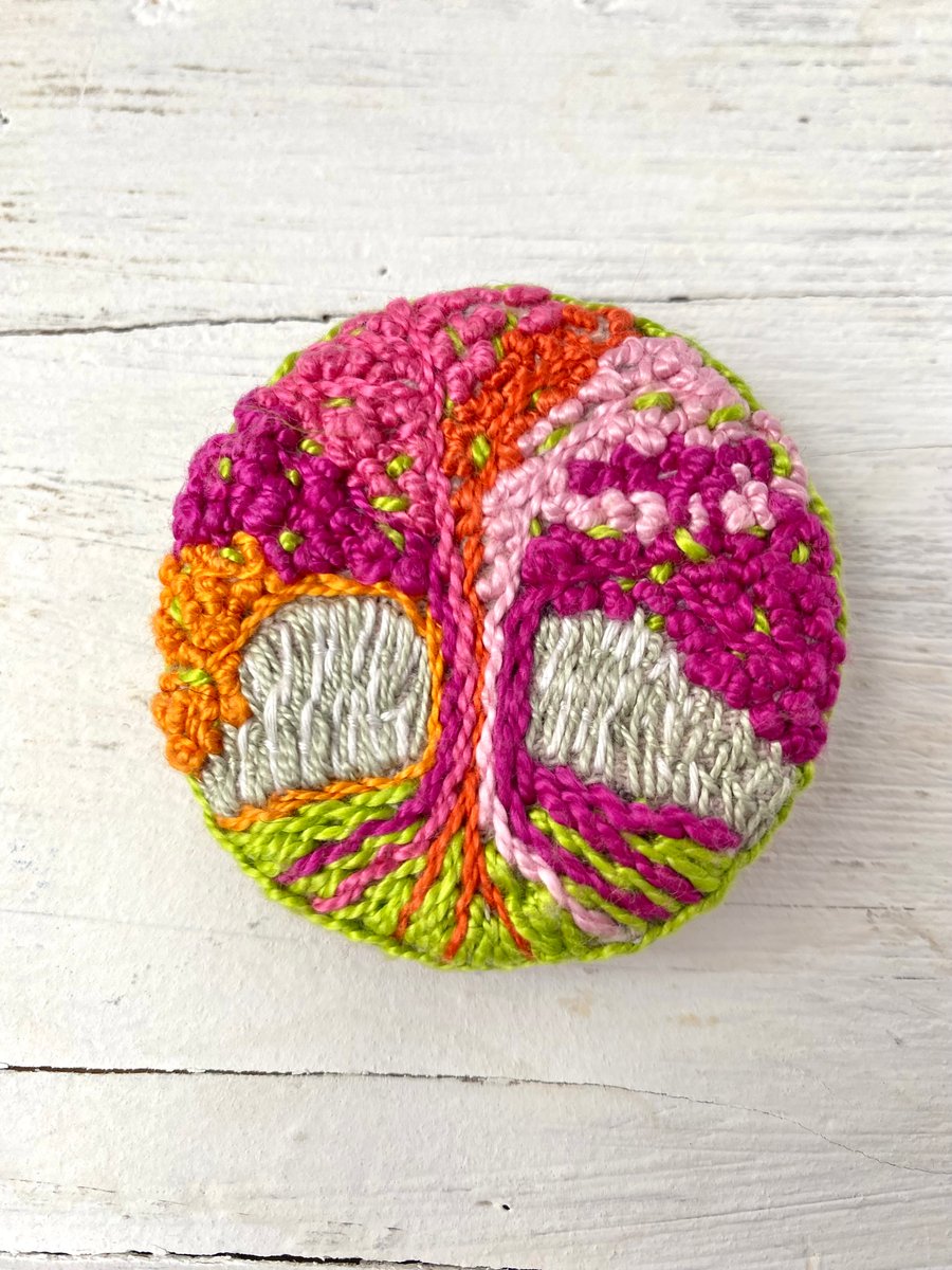 Brooch, Hand Embroidered Multi Coloured Tree of Life 