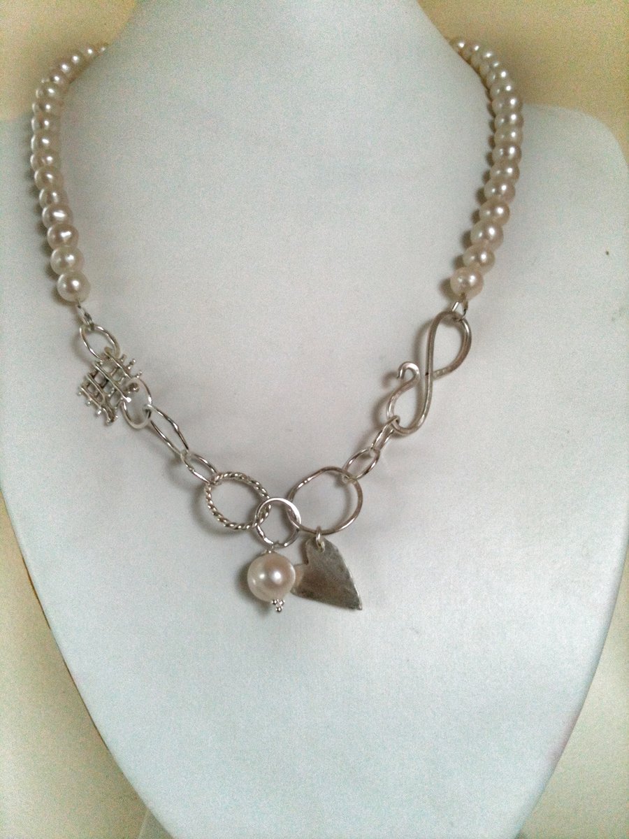Sterling Silver Handmade Chain and Pearl Necklace - Heart Necklace