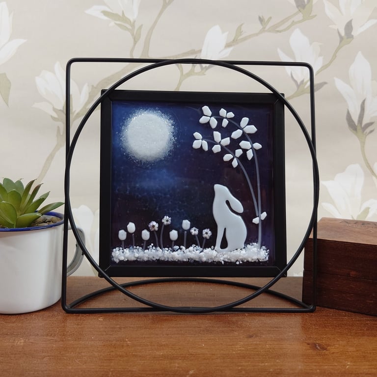 Framed Moon Gazing Hare Artwork, Fused Glass Picture Tile