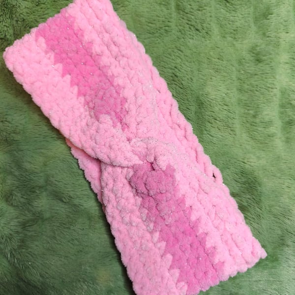 3 Stripes Headband Ear Warmer with Pink & Dark Pink Glitter 
