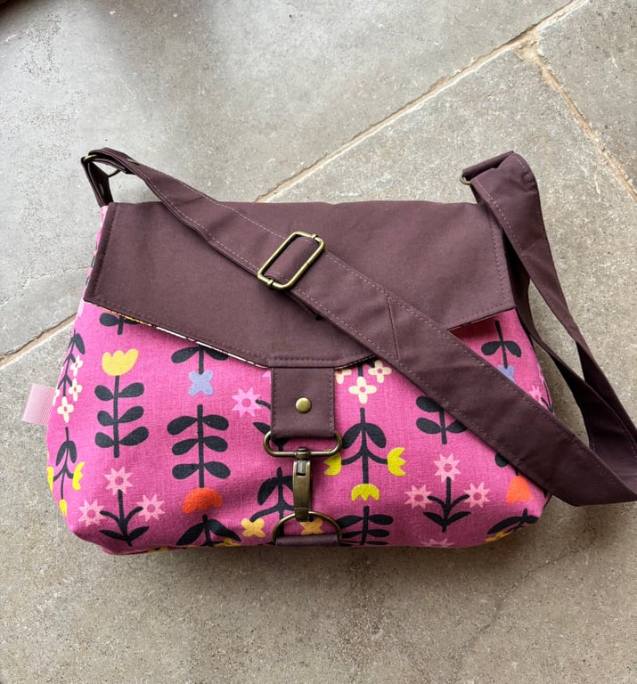 Pink Floral Crossbody Bag – Handmade Messenger Bag with Maroon Oilskin Flap
