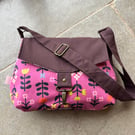 Pink Floral Crossbody Bag – Handmade Messenger Bag with Maroon Oilskin Flap