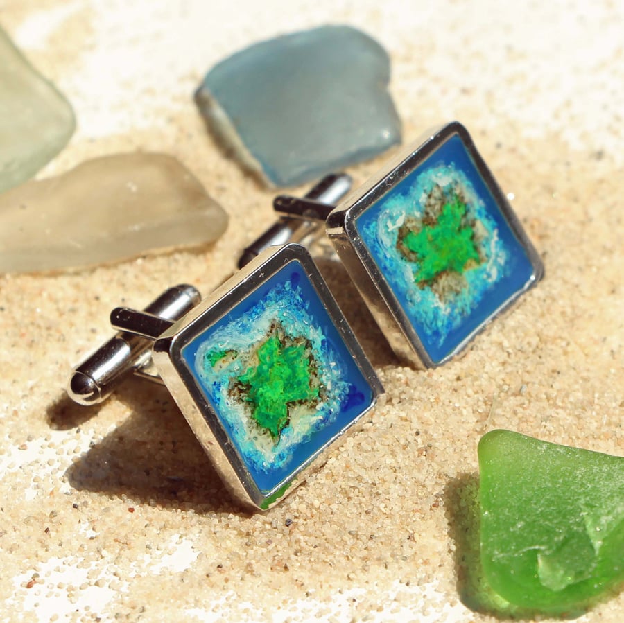 Cufflinks Rhodium Plated Square Island Ocean Blue Turquoise Resin