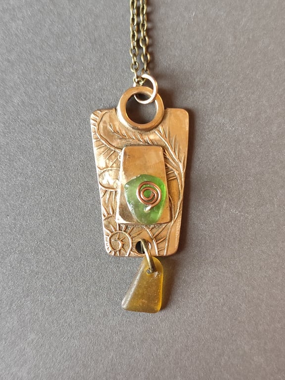 Seaglass Pendant, bronze metal clay, one of a kind, recycled materials