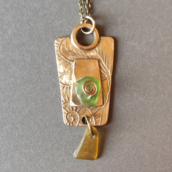 Seaglass Pendant, bronze metal clay, one of a kind, recycled materials