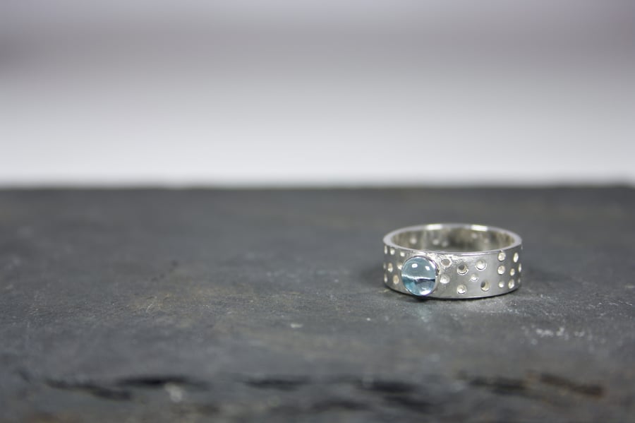 Handmade Sterling Silver Ring with Drilled Hole Pattern and 5mm Topaz 