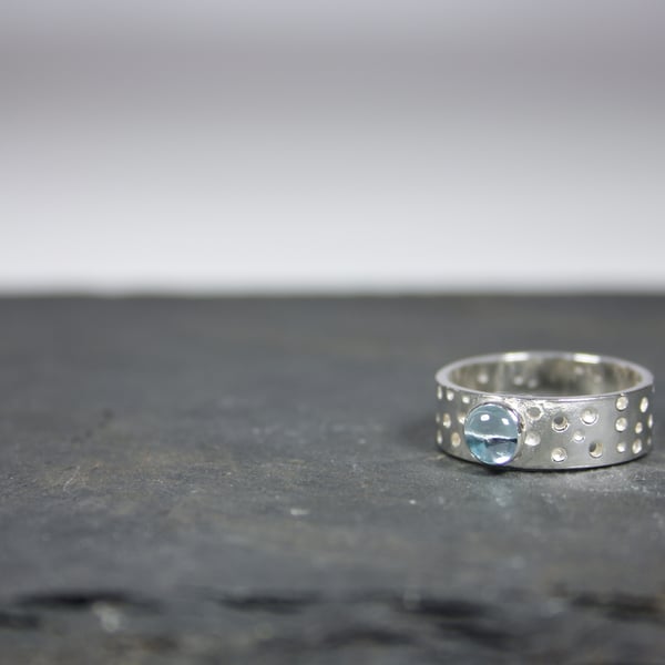 Handmade Sterling Silver Ring with Drilled Hole Pattern and 5mm Topaz 