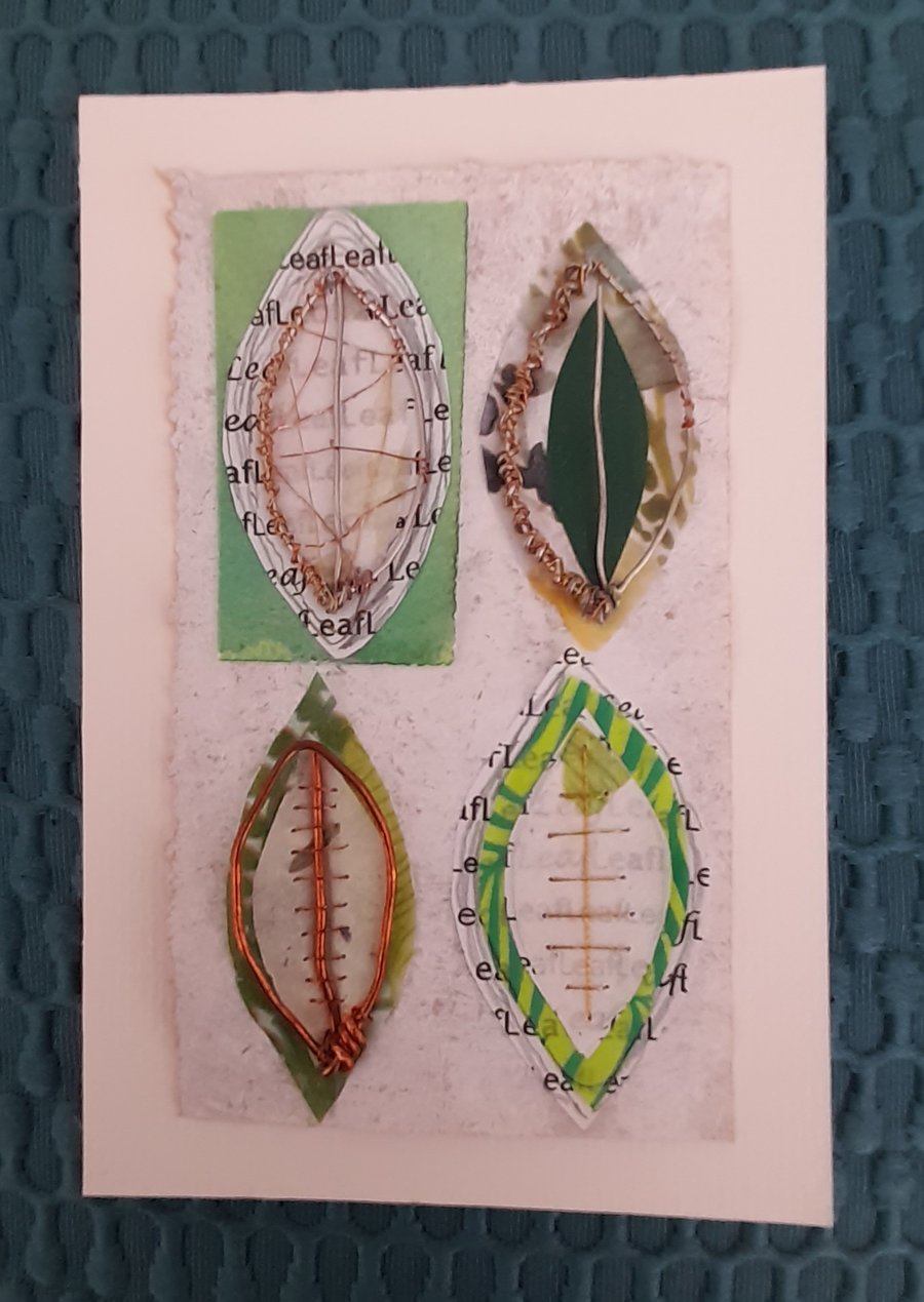 Four Wire Leaves. Copper Gold Silver with Green Tones & White Artwork.