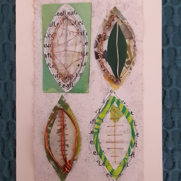 Four Wire Leaves. Copper Gold Silver with Green Tones & White Artwork.