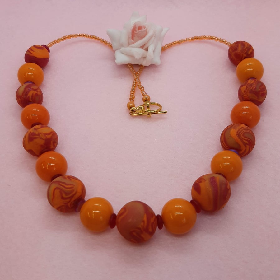 Bright orange polymer clay necklace 