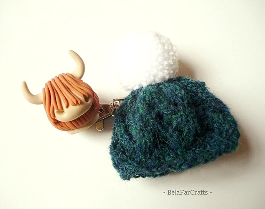 Scottish wool bag charm - Mini pom pom hat - Back to school gift 