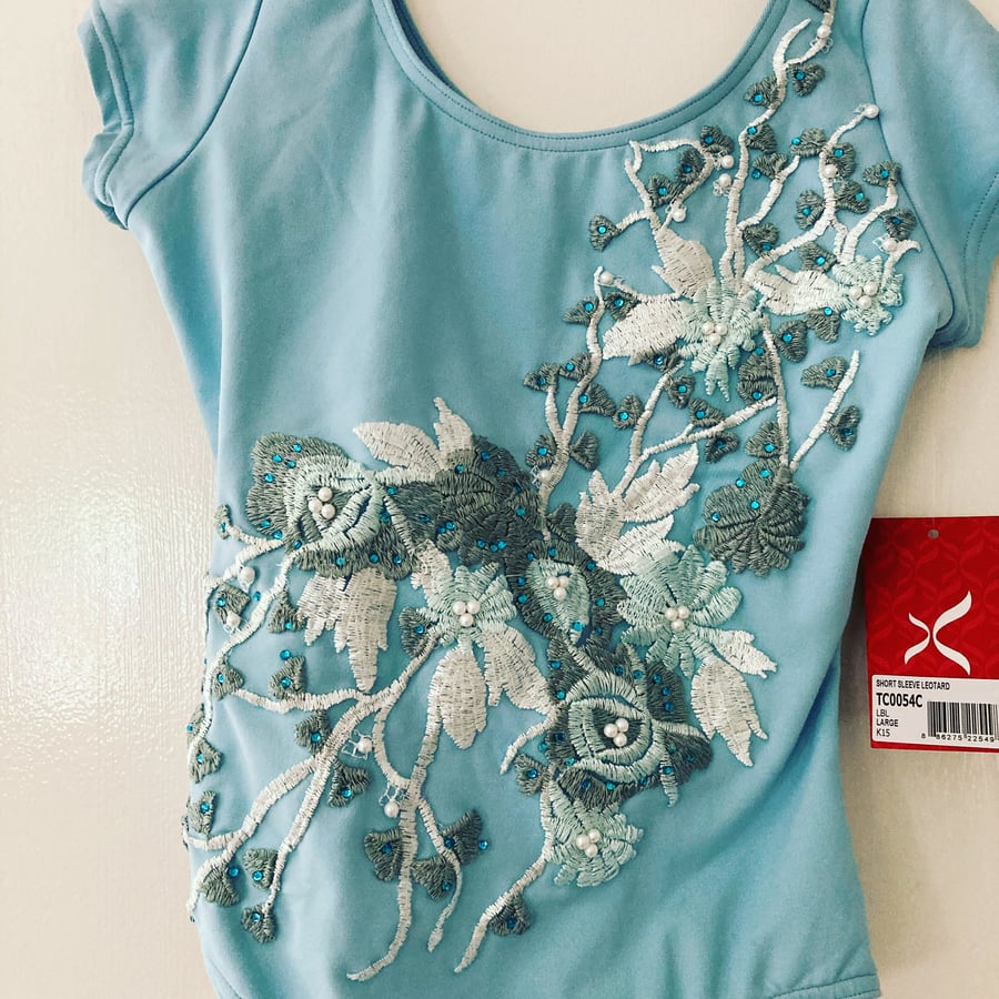 Pale blue bespoke embellished dance gymnastic leotard 
