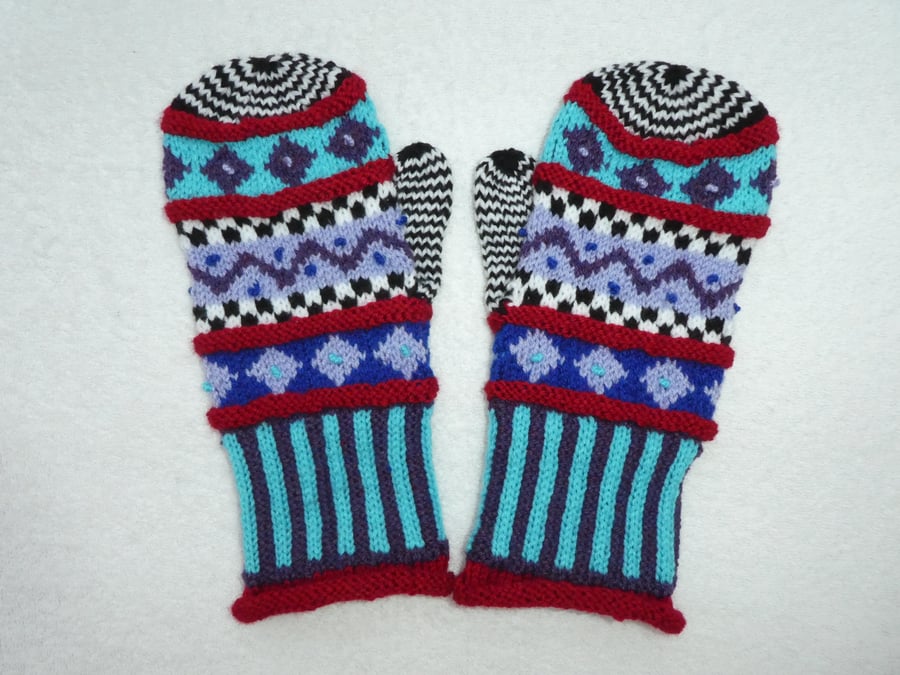 Multicoloured Mittens. Handknit Winter Mittens. Large. Gloves