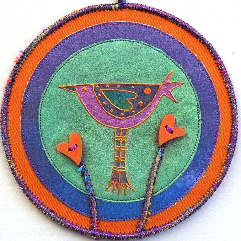 LBM04 - Lovebird Mandala Wall Hanging-15cm diameter-Green-Purple-Orange-Copper