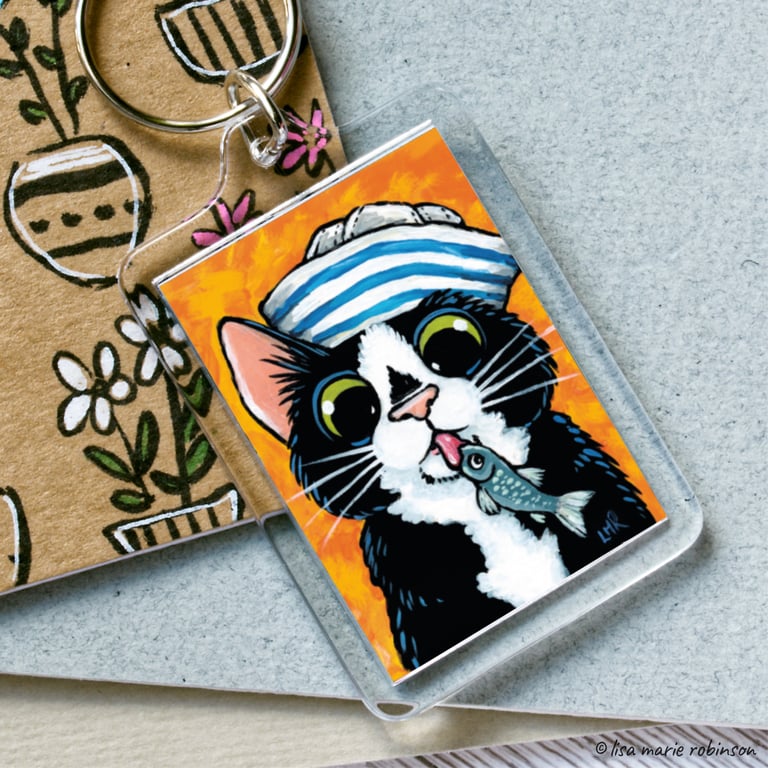 Black and White Sailor Cat Nippy Fish Keyring - Large