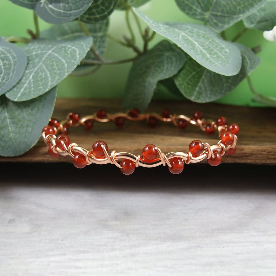 Bangle, Copper Wavy Bracelet with Carnelian Gemstones