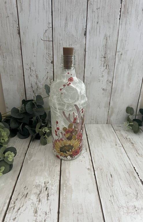 Decoupage Upcycled Glass Bottle Light - Sunflowers, Berries, Autumnal Home Decor