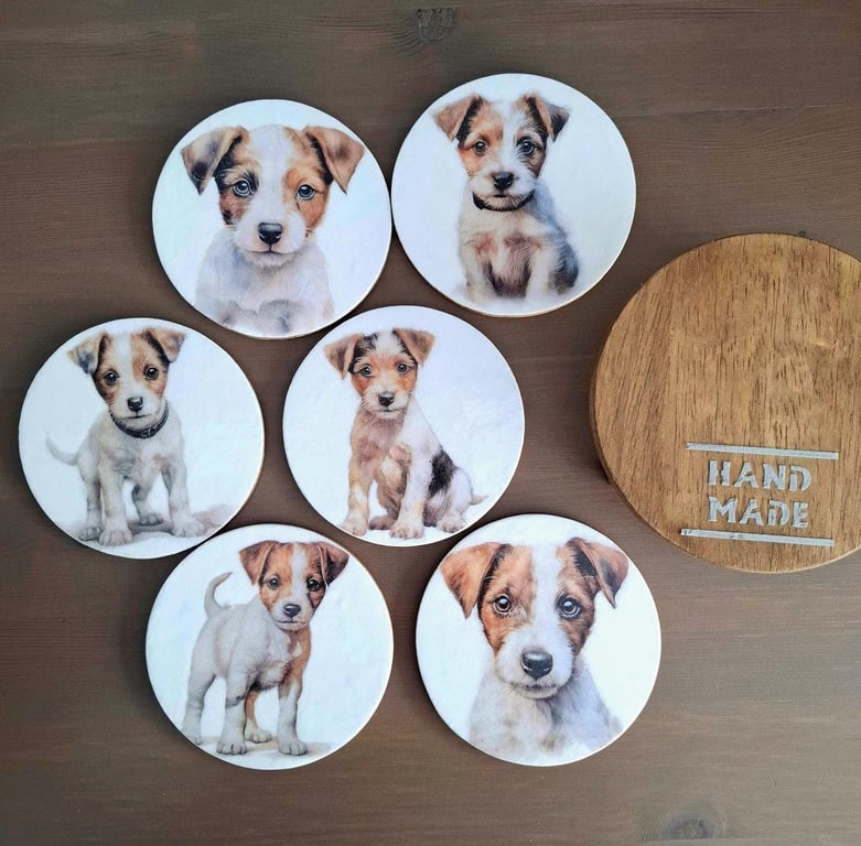 Set of 6 Jack Russell Terrier Puppy Coasters, Decoupaged Wooden Drink Mats