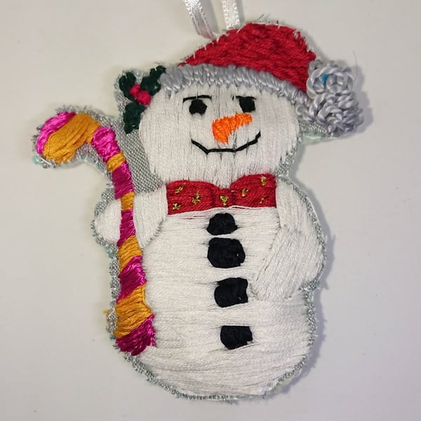 Hanging Snowman with candy cane Christmas tree decoration, hand embroidered 