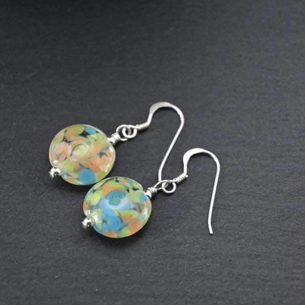 lampwork glass earrings green and blue